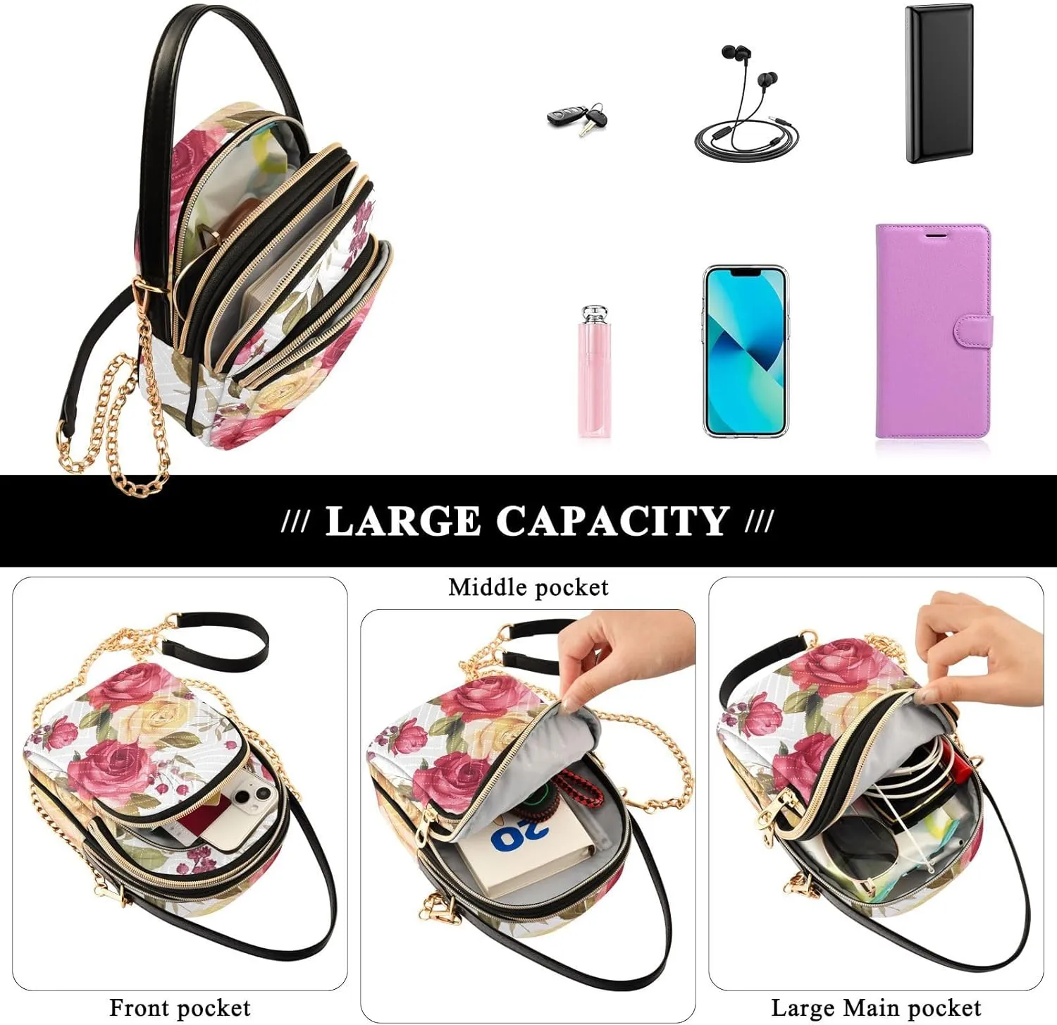 Floral with Red Roses Women Crossbody Bag, Crossbody with Strap, Crossbody Shoulder Bag for Women