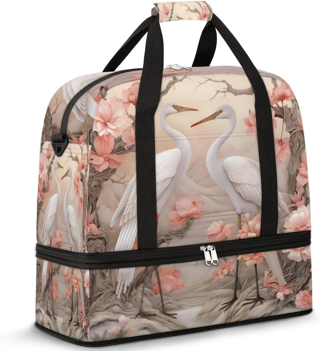 Flower Japan Crane Travel Duffel Bag with Foldable Shoe Compartment Shoulder Tote Travel Weekend Bag Sports Gym Overnight Bags