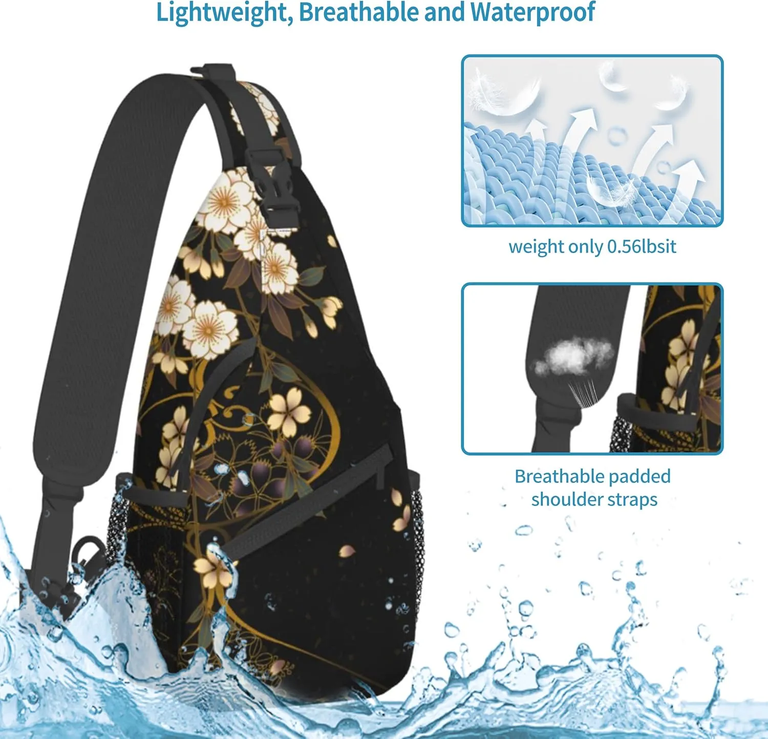 Flower Sling Bag,Lightweight Crossbody Sling Backpack Chest Bag Adjustable Casual Shoulder Backpack Floral Design Travel Hiking Daypack for Men Women
