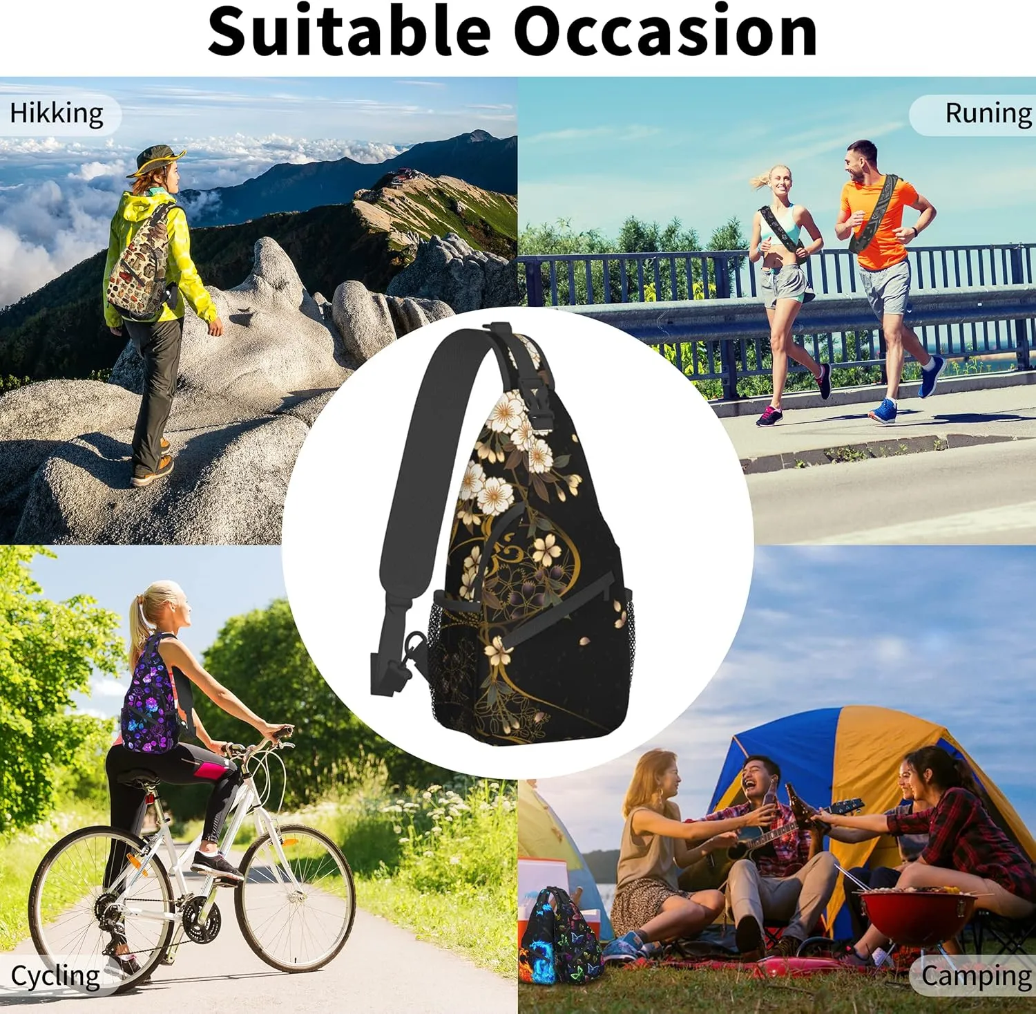 Flower Sling Bag,Lightweight Crossbody Sling Backpack Chest Bag Adjustable Casual Shoulder Backpack Floral Design Travel Hiking Daypack for Men Women