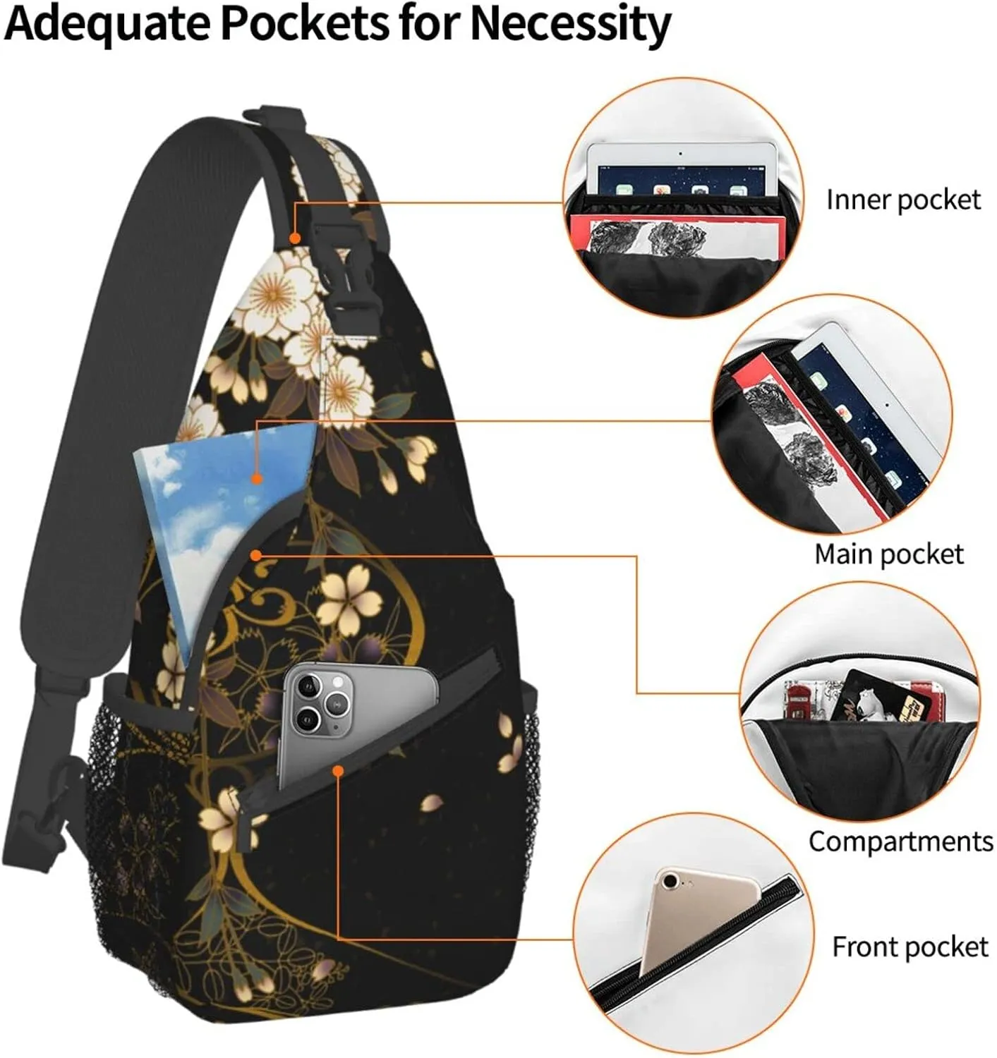 Flower Sling Bag,Lightweight Crossbody Sling Backpack Chest Bag Adjustable Casual Shoulder Backpack Floral Design Travel Hiking Daypack for Men Women