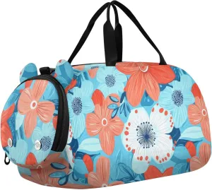 Flowers Turquoise and Coral Kids Duffel Bag with Shoes Compartment Lightweight Travel Duffel Bag for Travel, Sports, Duffel, Weekender