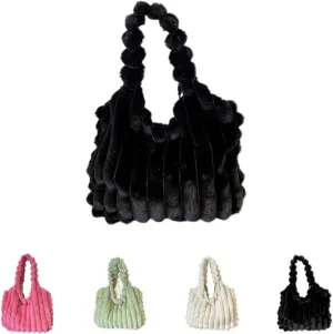 Fluffy Bag Furry Tote Large Capacity Plush Purse for Women Winter Warm Solid Color Striped Fuzzy Handbag for Shopping