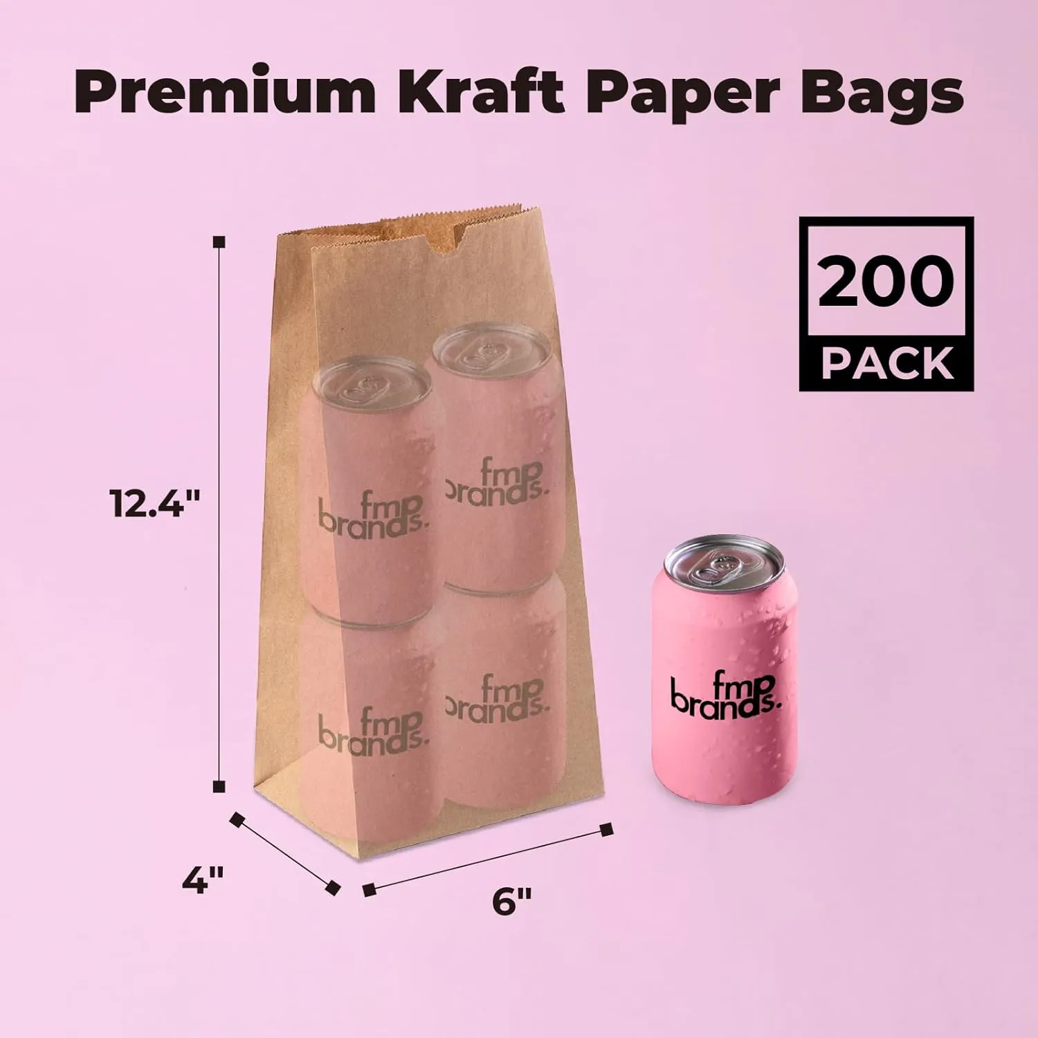 FMP Brands 200 Pack 8 lb Brown Paper Lunch Bags, 12.4 x 6 x 4" Premium Kraft Paper Bags Bulk for Small Business, Recyclable Snack Sacks, Durable Grocery Bag for Food Storage, Packing