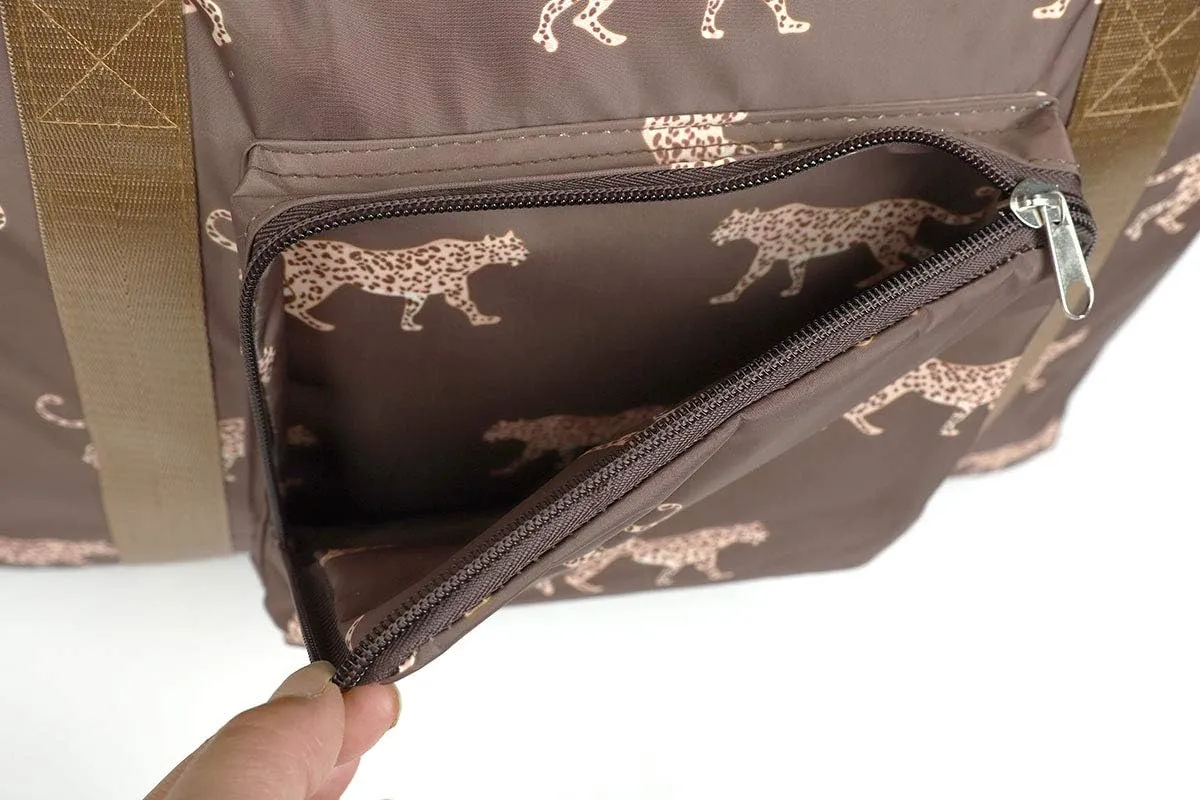 Foldable travel duffel bag tote for girls and boys luggage sports luggage weekend backpack (Brown Leopard pattern)