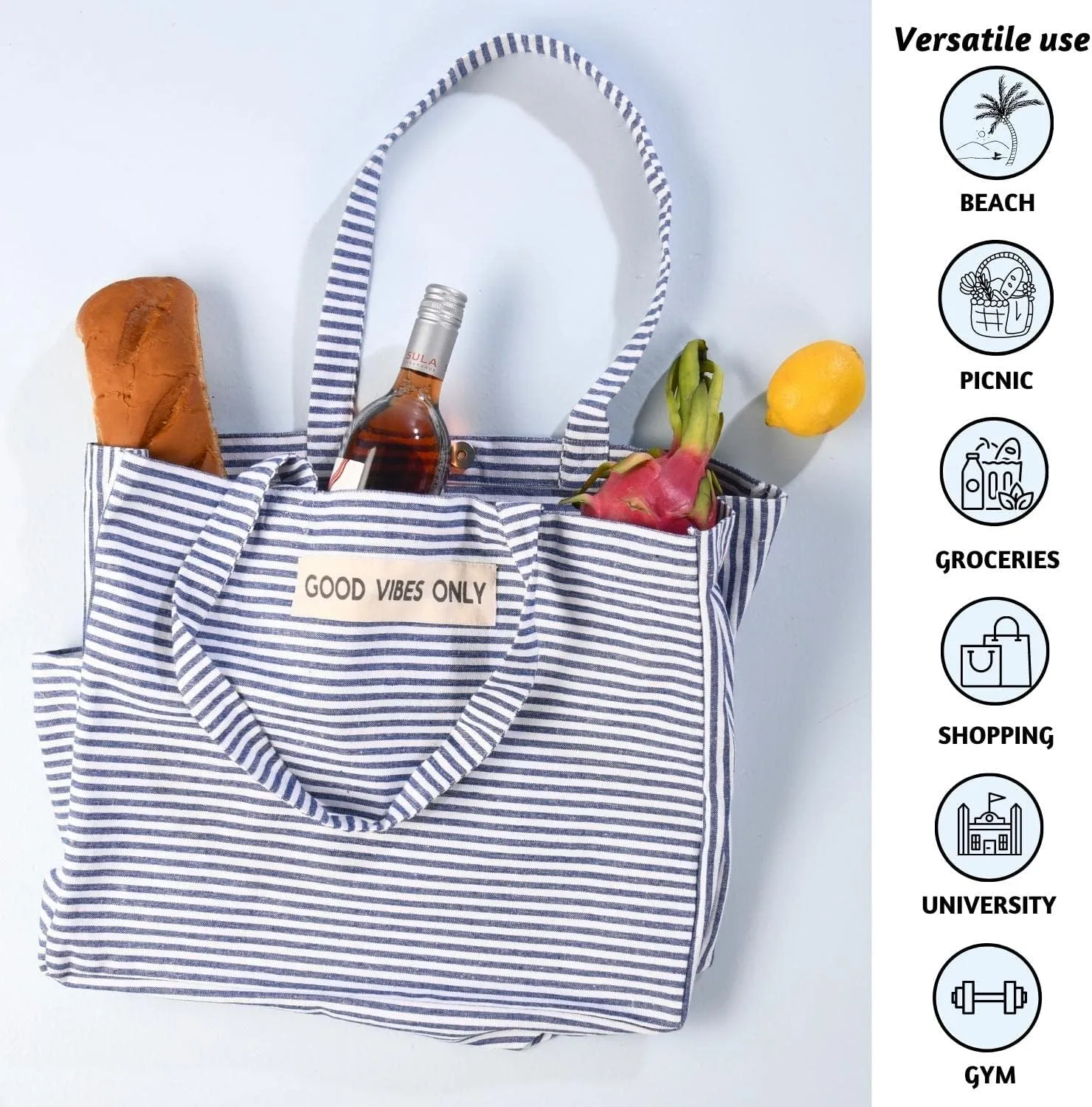 Folkulture Beach Bag for Women | 17 x 14 Inch - 100% Cotton Beach Tote Bag with Zipper Pocket Inside, Large Woven Pool Bag