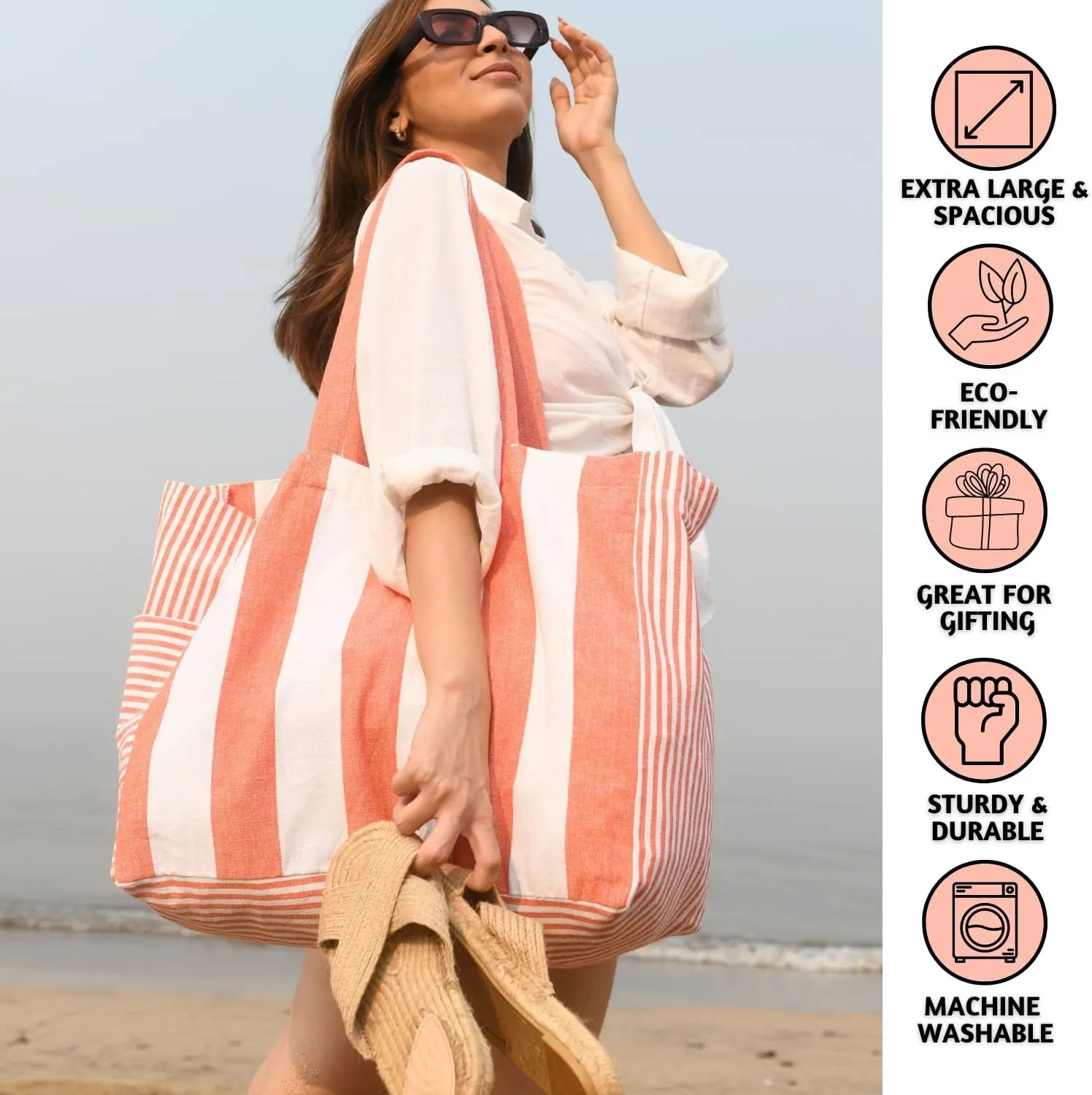 Folkulture Beach Bag for Women | 17 x 14 Inch - 100% Cotton Beach Tote Bag with Zipper Pocket Inside, Large Woven Pool Bag