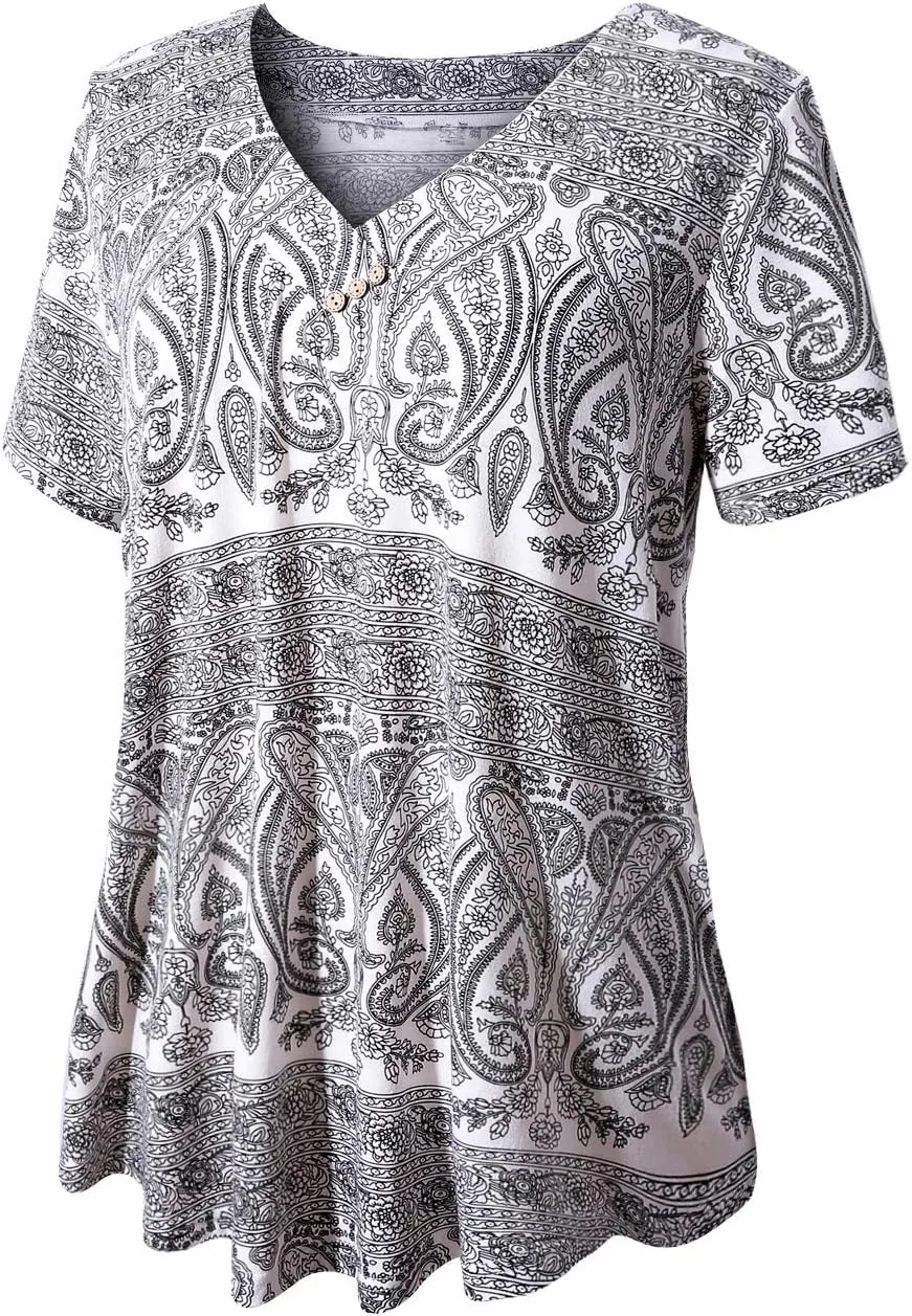 FOLUNSI Women’s Plus Size Short Sleeve Henley Shirt V Neck Floral Blouses Tunic Tops M-4XL