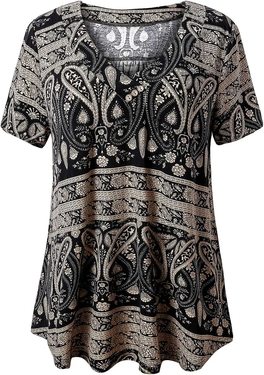 FOLUNSI Women’s Plus Size Short Sleeve Henley Shirt V Neck Floral Blouses Tunic Tops M-4XL