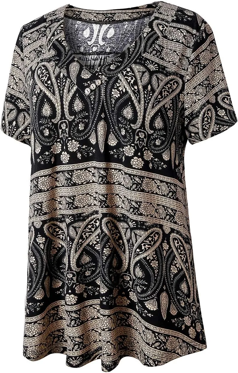 FOLUNSI Women’s Plus Size Short Sleeve Henley Shirt V Neck Floral Blouses Tunic Tops M-4XL