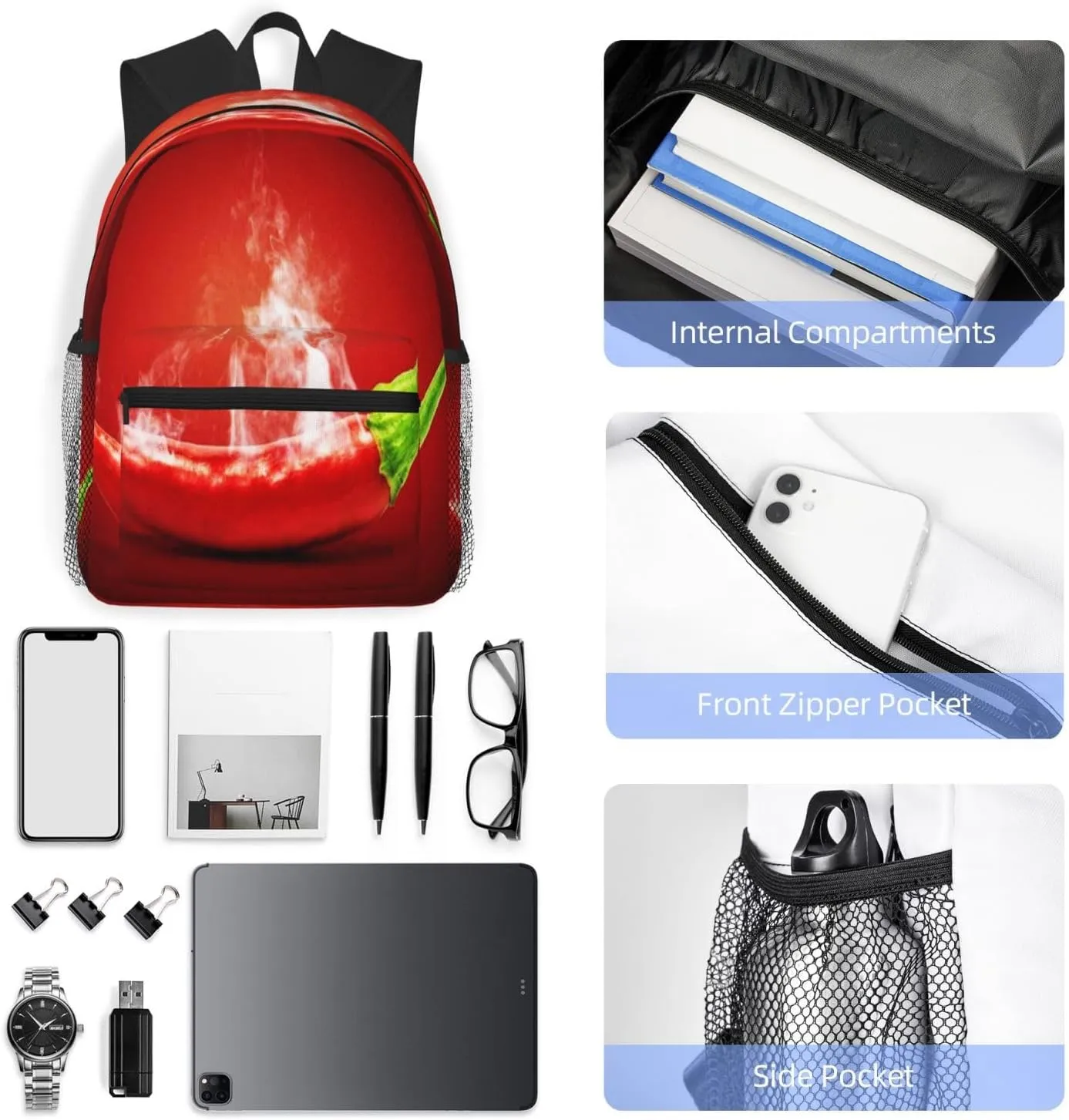 Food Hot Chili Pepper Backpack, Travel Laptop Backpack Computer Bag Rucksack for Men Women Business Work Fits 15.6 Inch Notebook