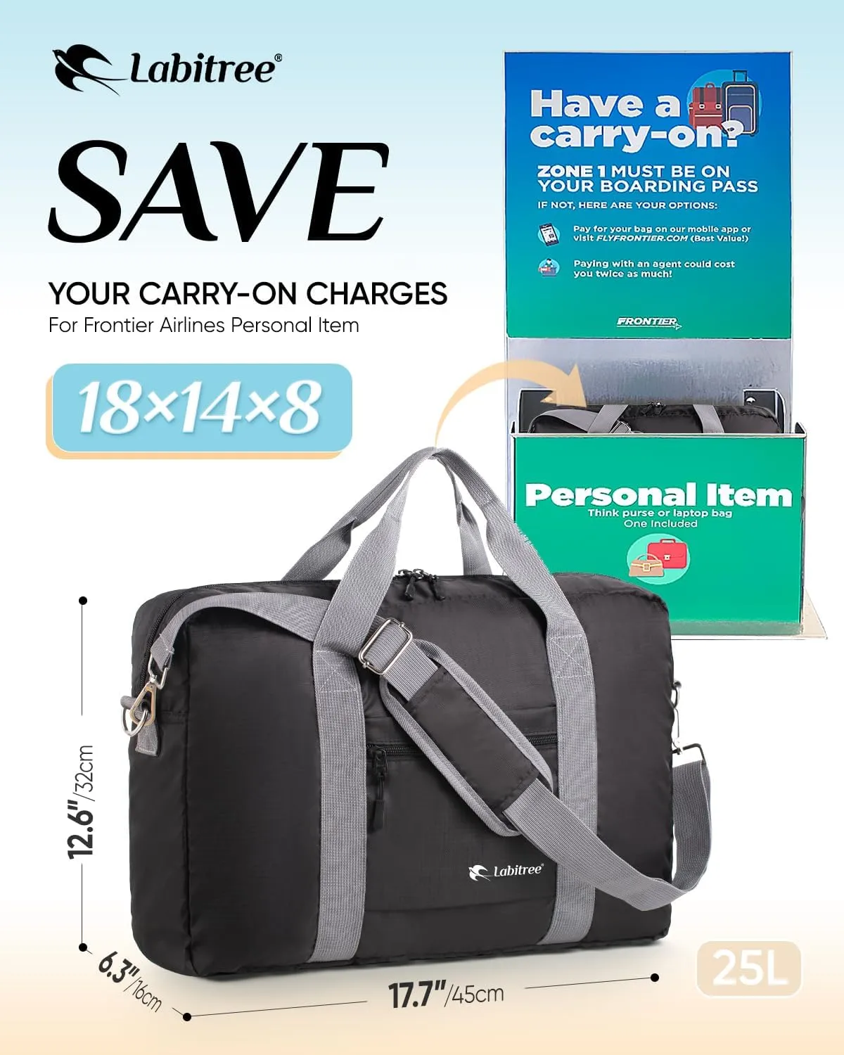 For Frontier Airlines Personal Item Travel Bag 18 x 14 x 8 Inches, Foldable Under Seat Duffel Bags for Spirit Airplane 14 x 18 x 8 Inches, Minimalist Overnight Bag for Women or Men Air Travel [Black]