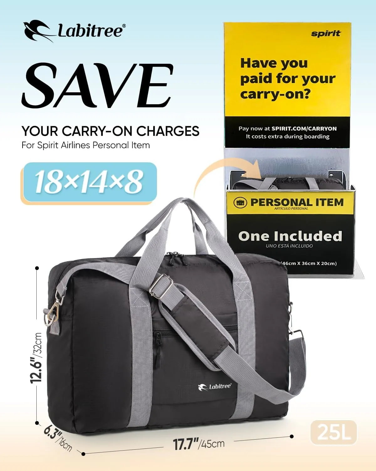 For Frontier Airlines Personal Item Travel Bag 18 x 14 x 8 Inches, Foldable Under Seat Duffel Bags for Spirit Airplane 14 x 18 x 8 Inches, Minimalist Overnight Bag for Women or Men Air Travel [Black]