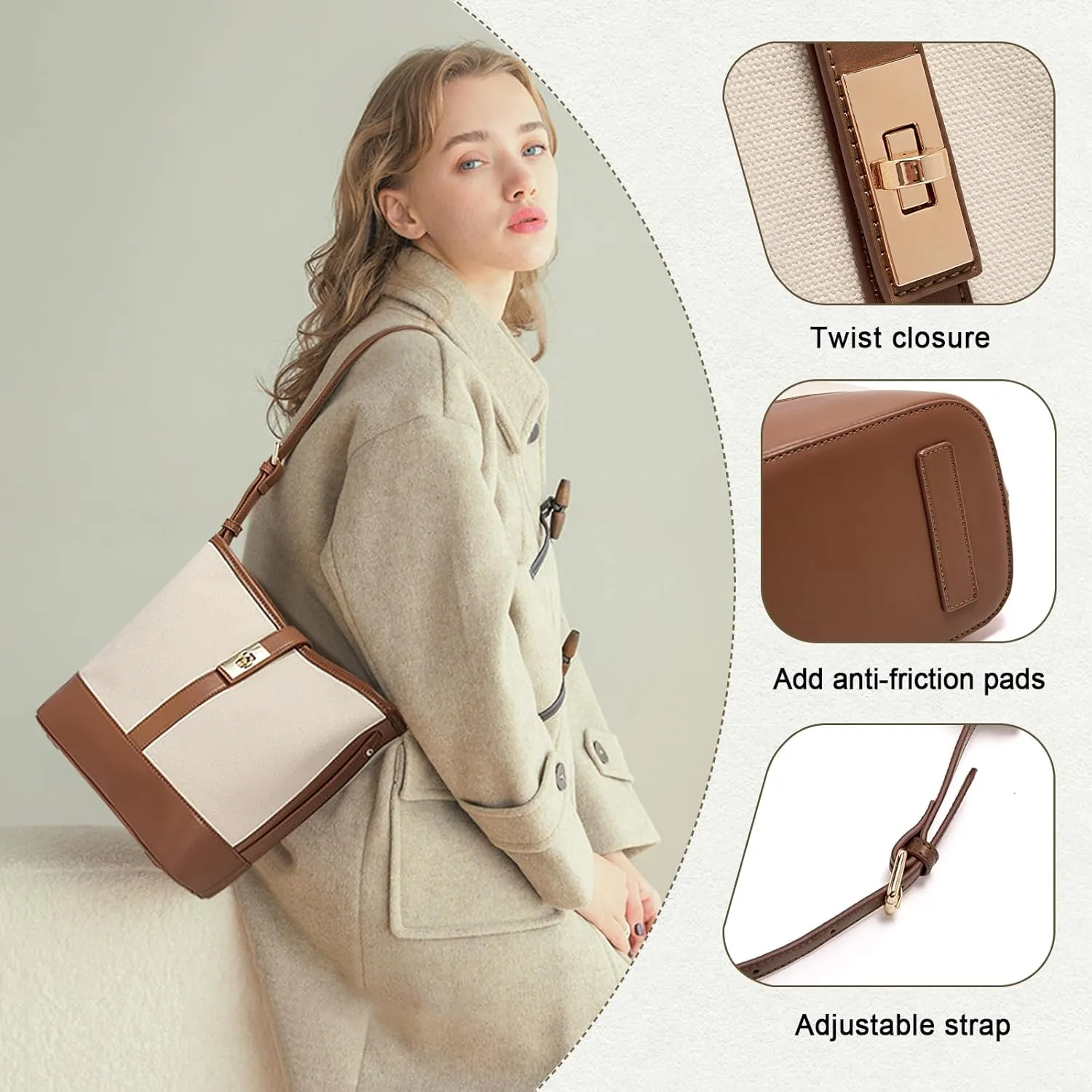 FOXLOVER Coated Canvas Bucket Crossbody Bags for Women Top-Handle Handbags Small Satchel Purse Trendy Twist Lock
