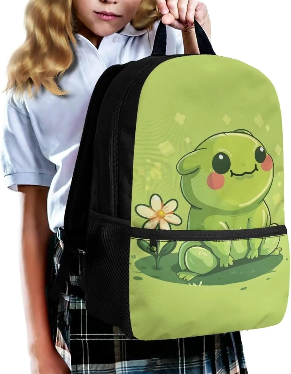 Frog Cute Backpacks for Girls 7-8 for School Kids Big School Bag Elementary 1 Grade School Bookbag Kawaii Schoolbags 17 Inch Green Travel Backpacks School Daypack for Kindergarten Preschool