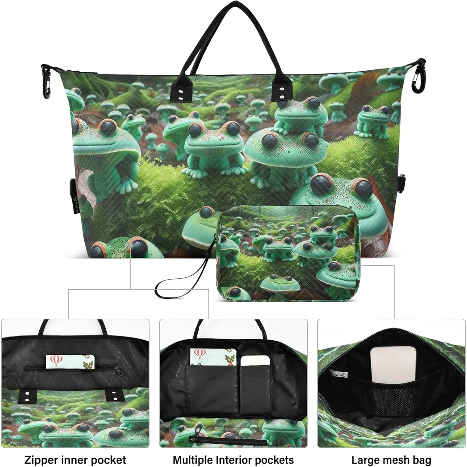 Frog Mushrooms Forest Travel Duffel Bag Toiletry Bags Set of 2, Flower Garment Duffel Bag Traveling Bag