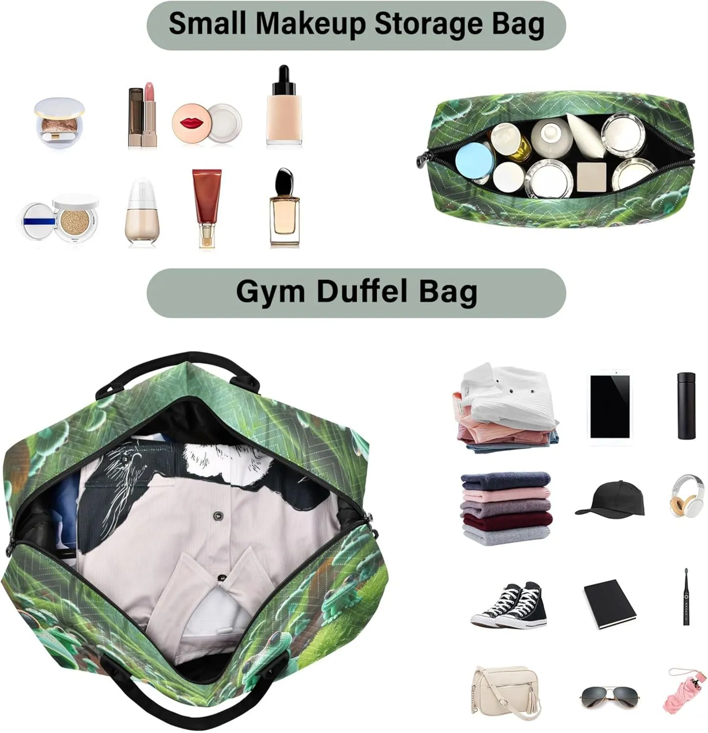 Frog Mushrooms Forest Travel Duffel Bag Toiletry Bags Set of 2, Flower Garment Duffel Bag Traveling Bag