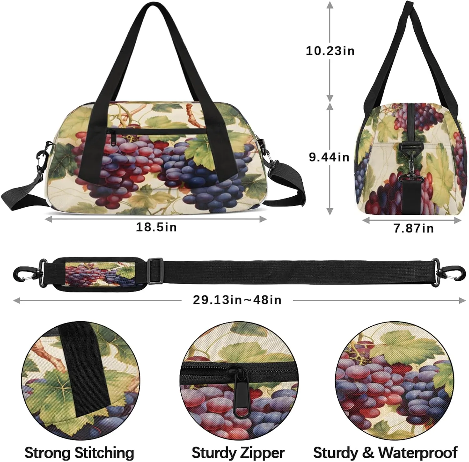 Fruitful Purple Grapes Kids Duffel Bag Lightweight Waterproof Sports Gym Bag with Front Zipper Pocket Foldable Weekender Overnight Bag for School Practice Gymnastic Ballet
