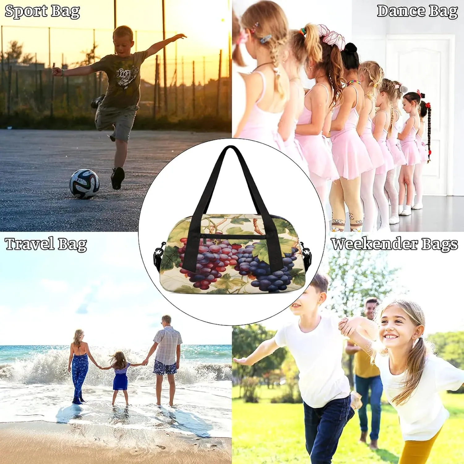 Fruitful Purple Grapes Kids Duffel Bag Lightweight Waterproof Sports Gym Bag with Front Zipper Pocket Foldable Weekender Overnight Bag for School Practice Gymnastic Ballet