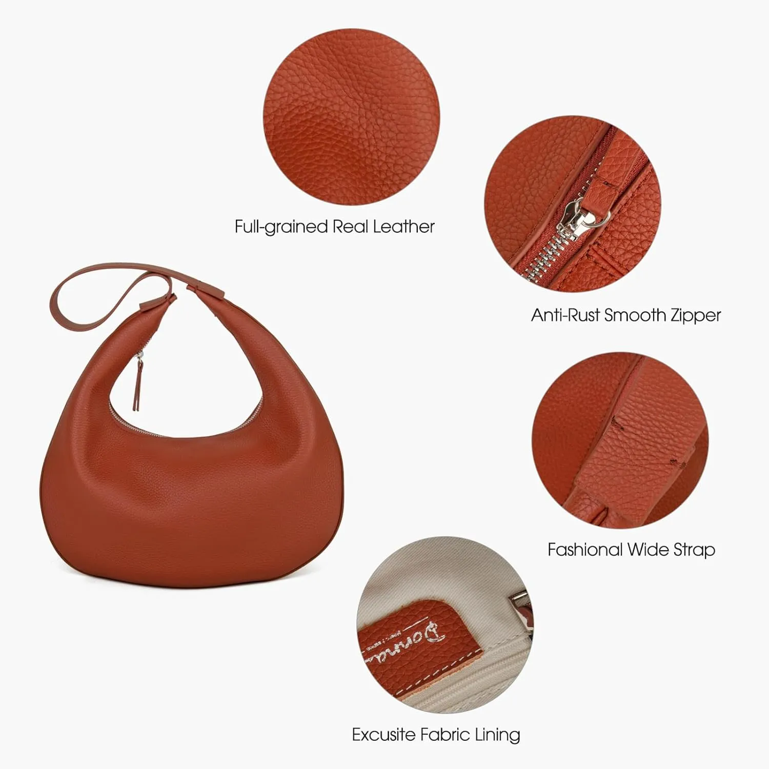 Full Grained Real Leather Hobo Bags for Women，Women's Crescent Handbag with Wide Shoulder Strap