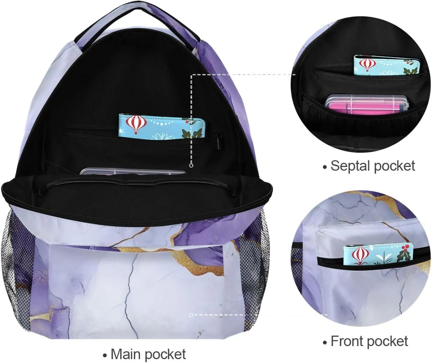 Fun Backpack for Men and Women Fashion Personal Backpack with Chest Strap Gift Men & Women Marble White Purple