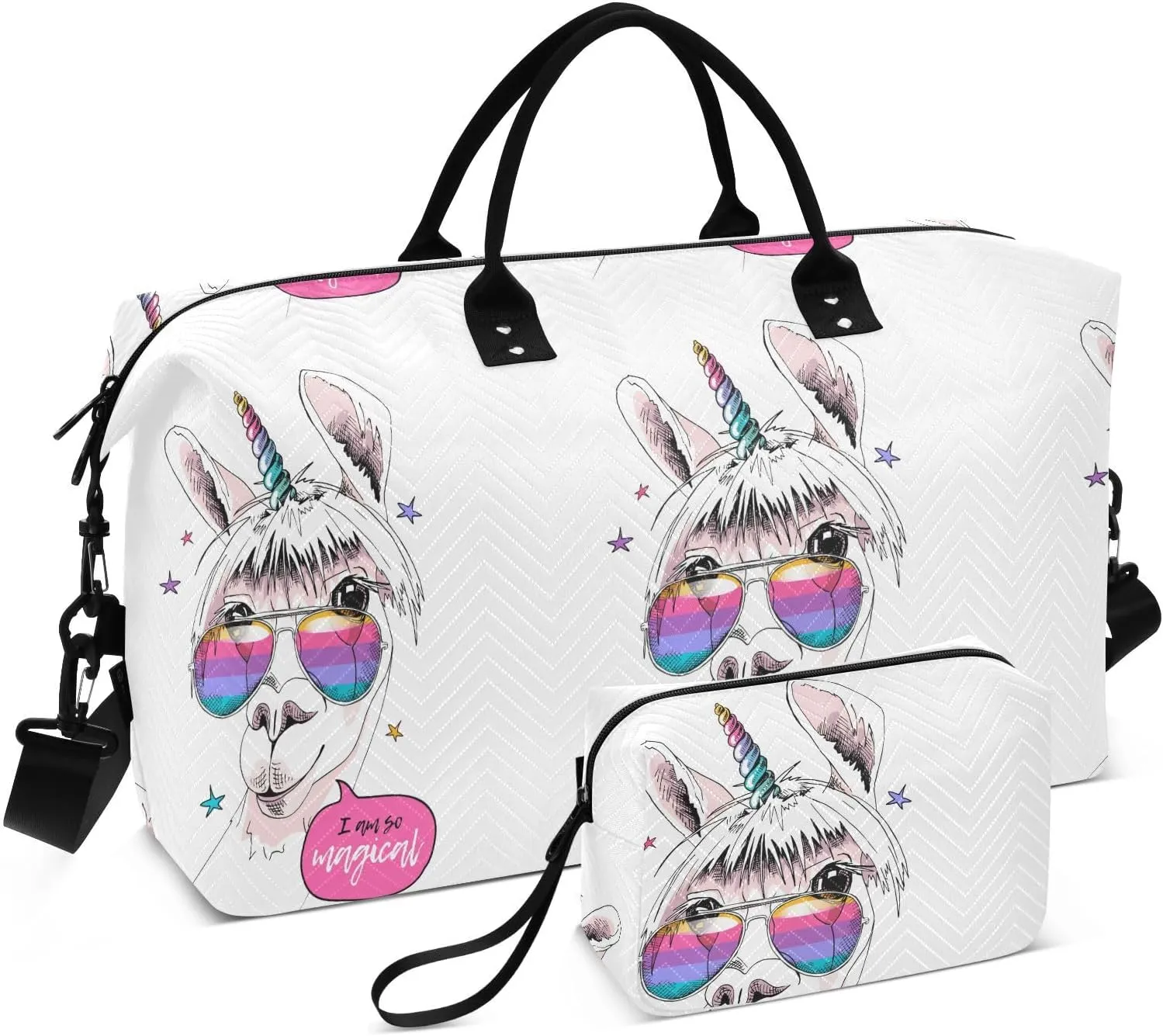 Fun Llama Rainbow Glasses and Horn Travel Duffle Bag, Large Weekender Overnight Bags for Women Men Waterproof Carry on Shoulder Tote Bags for Hospital Maternity Mommy Gym with Toiletry Bag