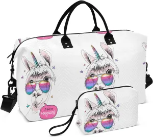 Fun Llama Rainbow Glasses and Horn Travel Duffle Bag, Large Weekender Overnight Bags for Women Men Waterproof Carry on Shoulder Tote Bags for Hospital Maternity Mommy Gym with Toiletry Bag