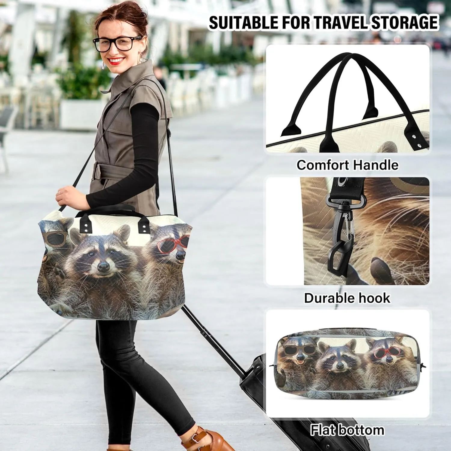 Funny Animal Raccoons Duffel Bag Womens Toiletry Bag Set of 2, Print Women Small Gym Bag Carry on Tote