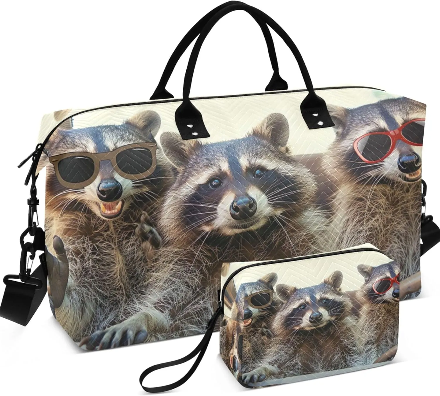 Funny Animal Raccoons Duffel Bag Womens Toiletry Bag Set of 2, Print Women Small Gym Bag Carry on Tote
