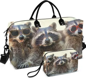 Funny Animal Raccoons Duffel Bag Womens Toiletry Bag Set of 2, Print Women Small Gym Bag Carry on Tote