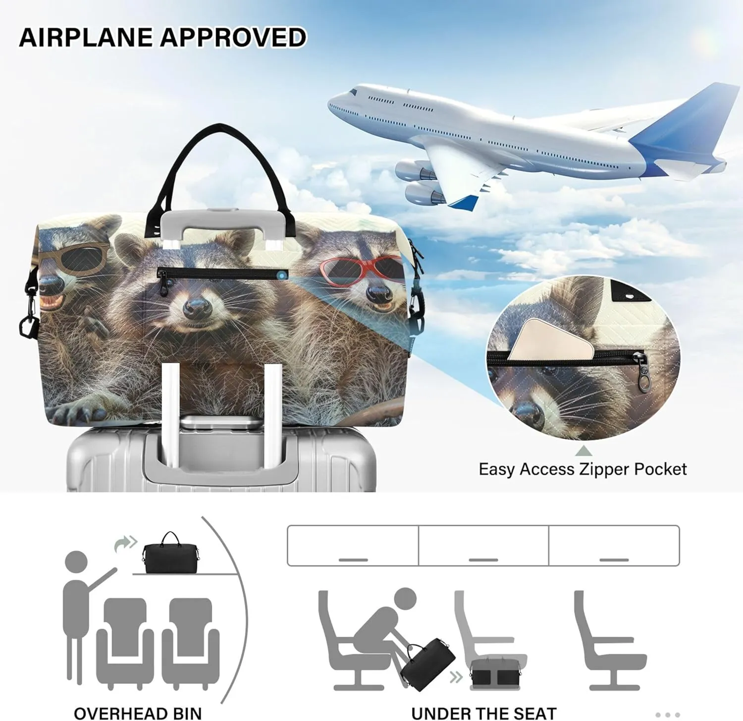 Funny Animal Raccoons Duffel Bag Womens Toiletry Bag Set of 2, Print Women Small Gym Bag Carry on Tote
