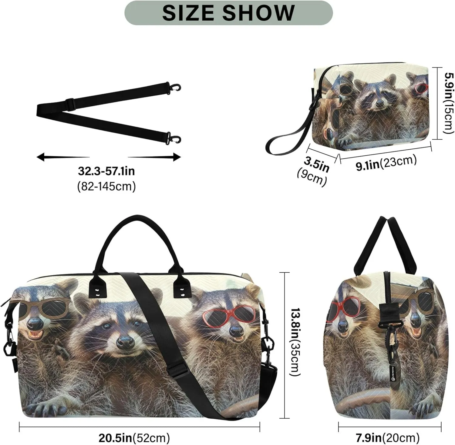 Funny Animal Raccoons Duffel Bag Womens Toiletry Bag Set of 2, Print Women Small Gym Bag Carry on Tote