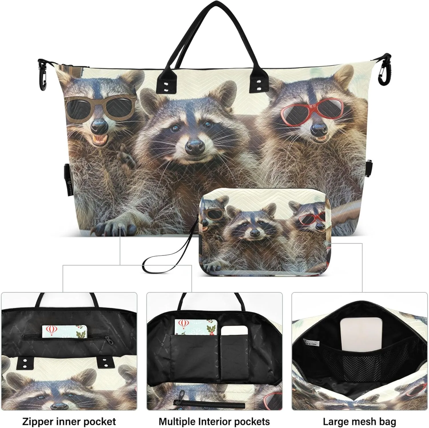 Funny Animal Raccoons Duffel Bag Womens Toiletry Bag Set of 2, Print Women Small Gym Bag Carry on Tote