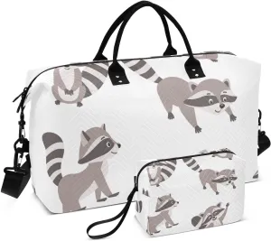 Funny Cute Cartoon Raccoon Duffel Bag for Gym Yoga Weekender Overnight Quilting Travel Bag Set