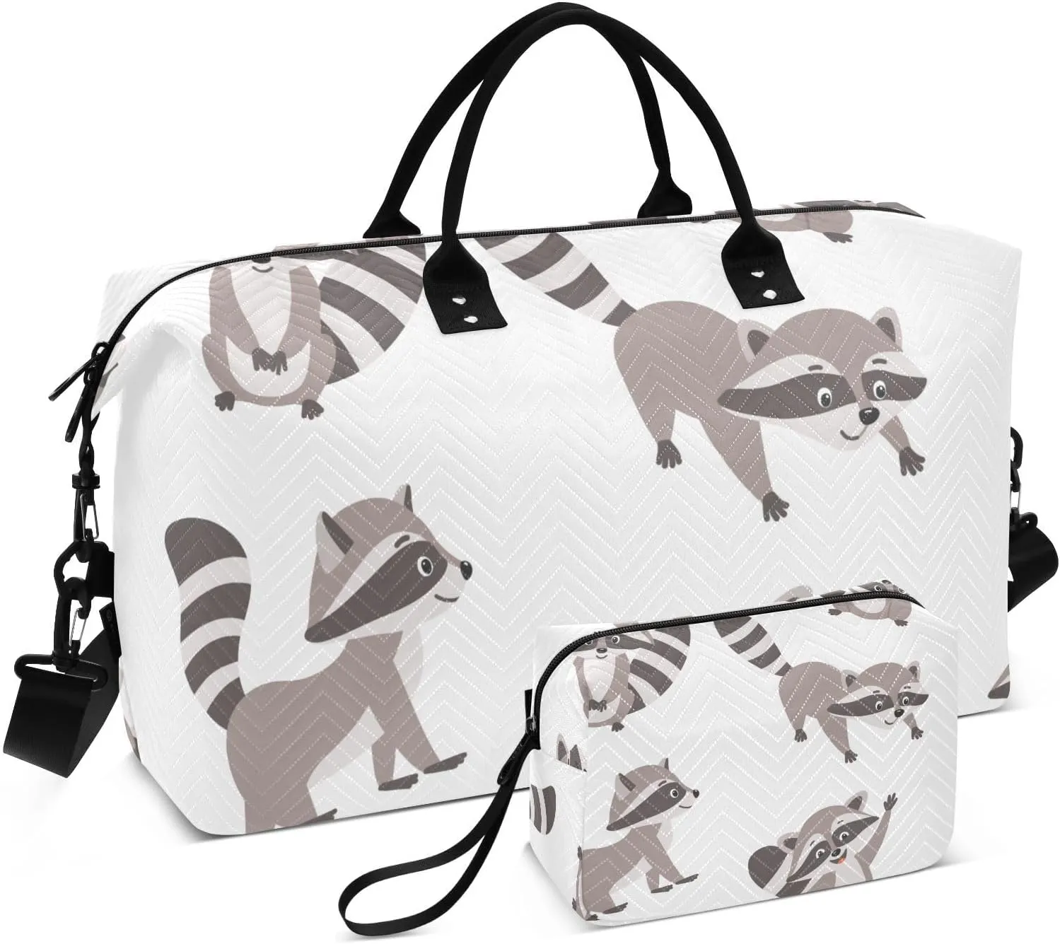 Funny Cute Cartoon Raccoon Duffel Bag for Gym Yoga Weekender Overnight Quilting Travel Bag Set