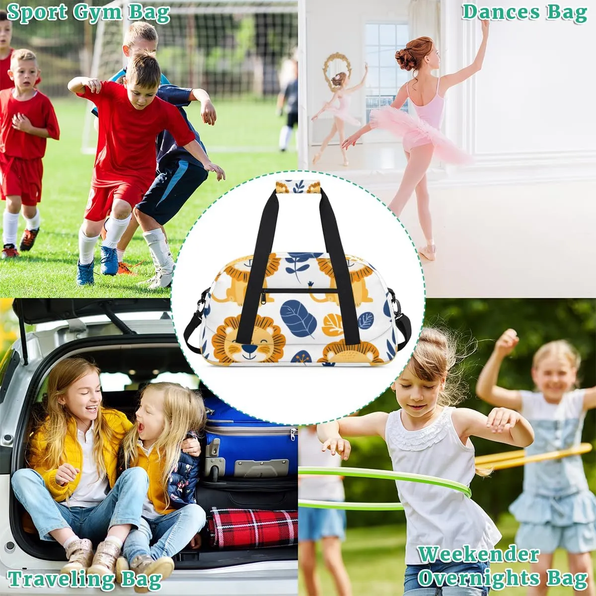 Funny Lion Boys Girls Gym Bag Dance Perform Training Duffel Bags Weekender Carry-On Tote Luggage Bag Ideal for School Practice or Overnight Trips Lion