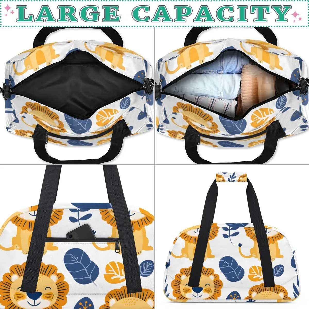Funny Lion Boys Girls Gym Bag Dance Perform Training Duffel Bags Weekender Carry-On Tote Luggage Bag Ideal for School Practice or Overnight Trips Lion