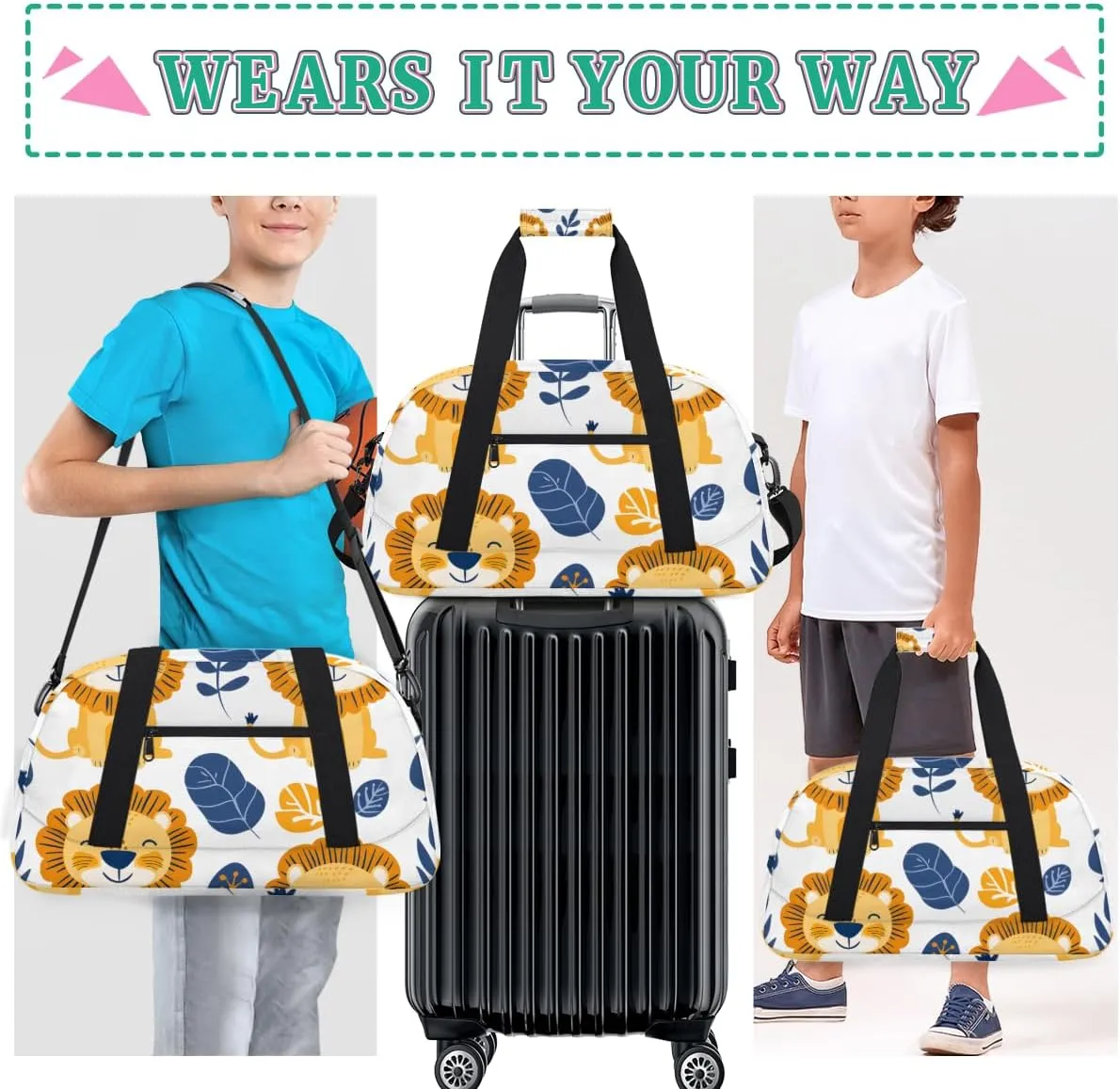 Funny Lion Boys Girls Gym Bag Dance Perform Training Duffel Bags Weekender Carry-On Tote Luggage Bag Ideal for School Practice or Overnight Trips Lion