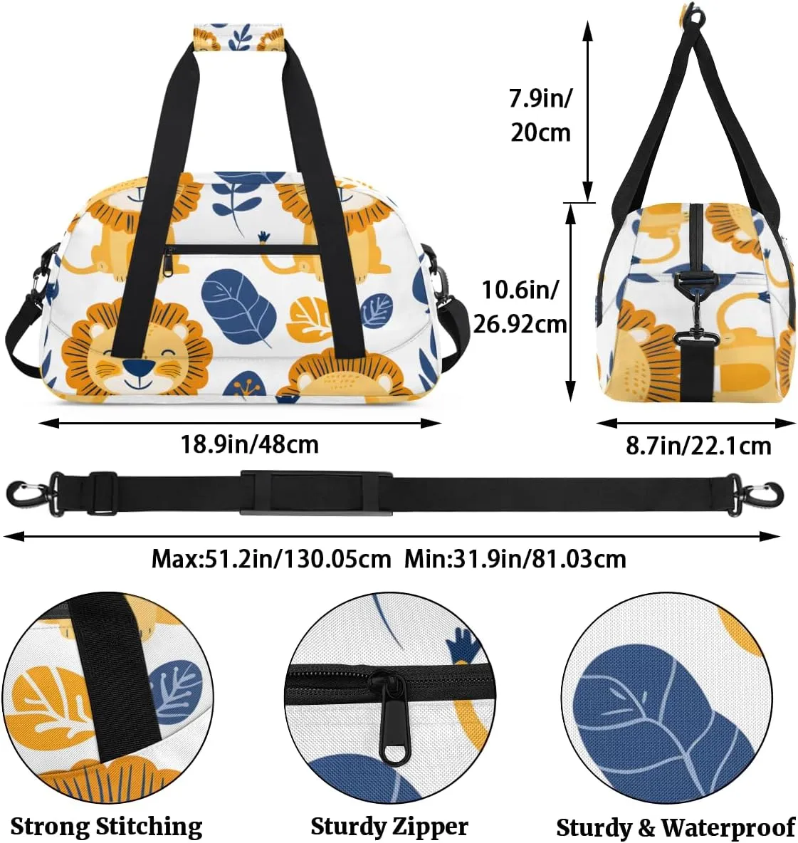 Funny Lion Boys Girls Gym Bag Dance Perform Training Duffel Bags Weekender Carry-On Tote Luggage Bag Ideal for School Practice or Overnight Trips Lion