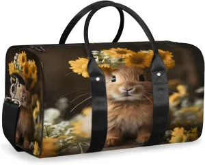 Funny Rabbit Travel Duffle Bag, Sports Gym Bags for Women Men, Carry On Weekender Overnight Bag, Floral Rabbit Workout Hospital Airplane Trips Bag
