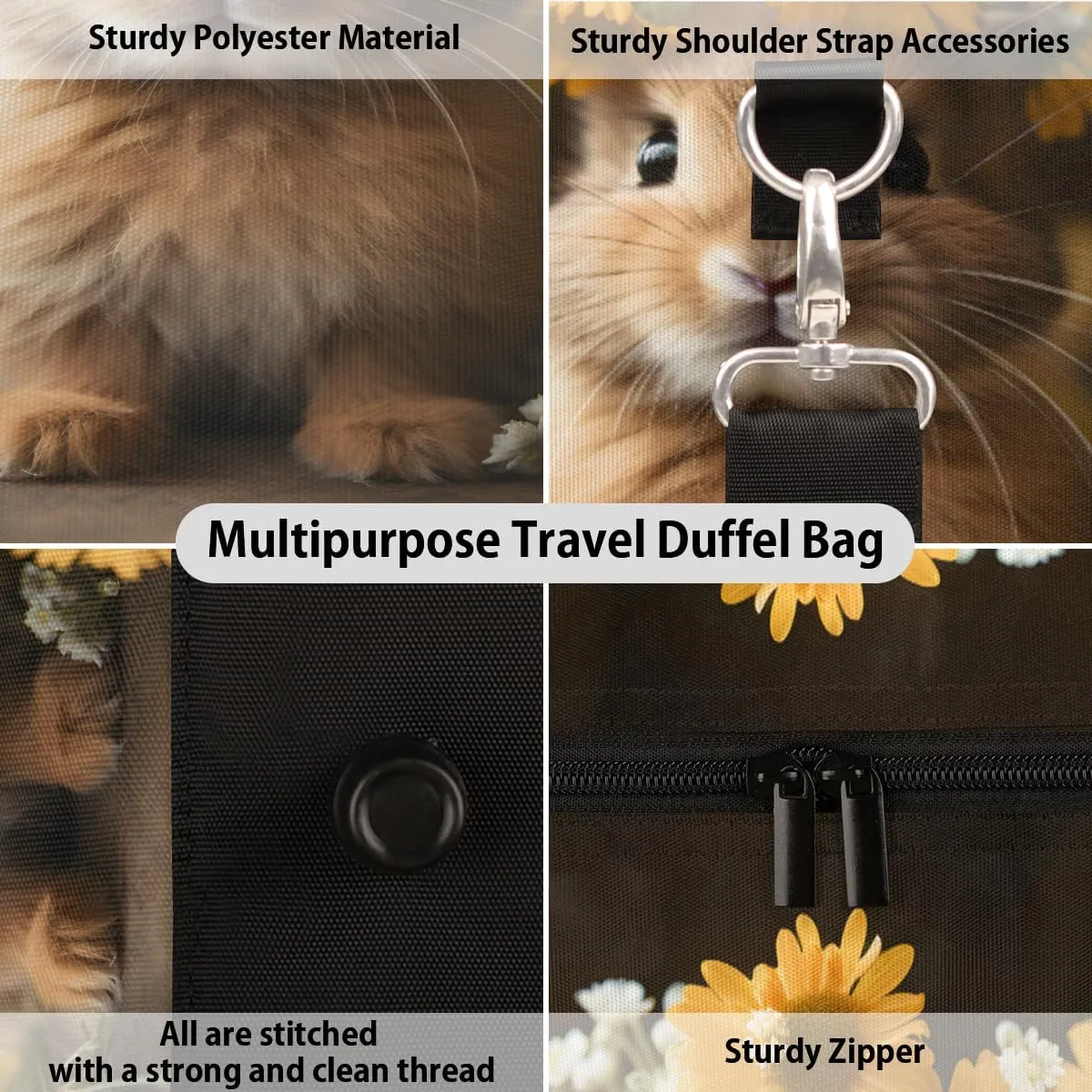 Funny Rabbit Travel Duffle Bag, Sports Gym Bags for Women Men, Carry On Weekender Overnight Bag, Floral Rabbit Workout Hospital Airplane Trips Bag