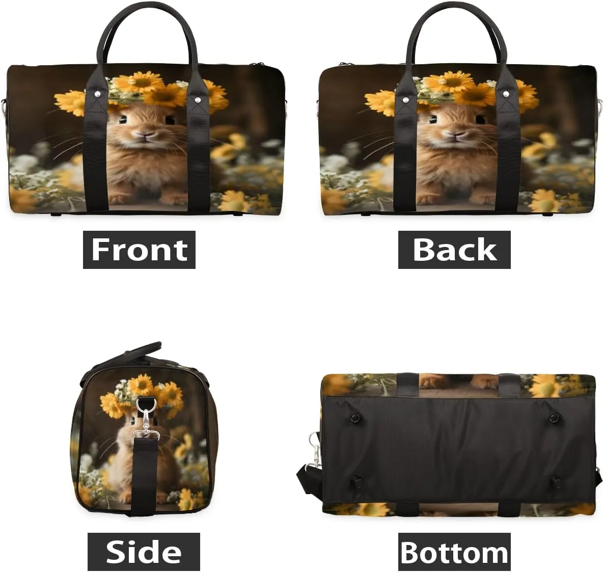 Funny Rabbit Travel Duffle Bag, Sports Gym Bags for Women Men, Carry On Weekender Overnight Bag, Floral Rabbit Workout Hospital Airplane Trips Bag