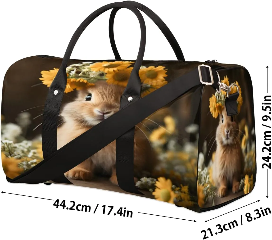 Funny Rabbit Travel Duffle Bag, Sports Gym Bags for Women Men, Carry On Weekender Overnight Bag, Floral Rabbit Workout Hospital Airplane Trips Bag
