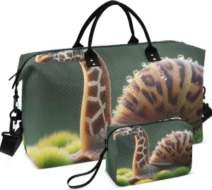 Funny Snail Giraffe Head on Moss Duffle Bag Women Travel Toiletry Bags Set of 2, Floral Animal Garment Duffel Bag Duffel for Traveling