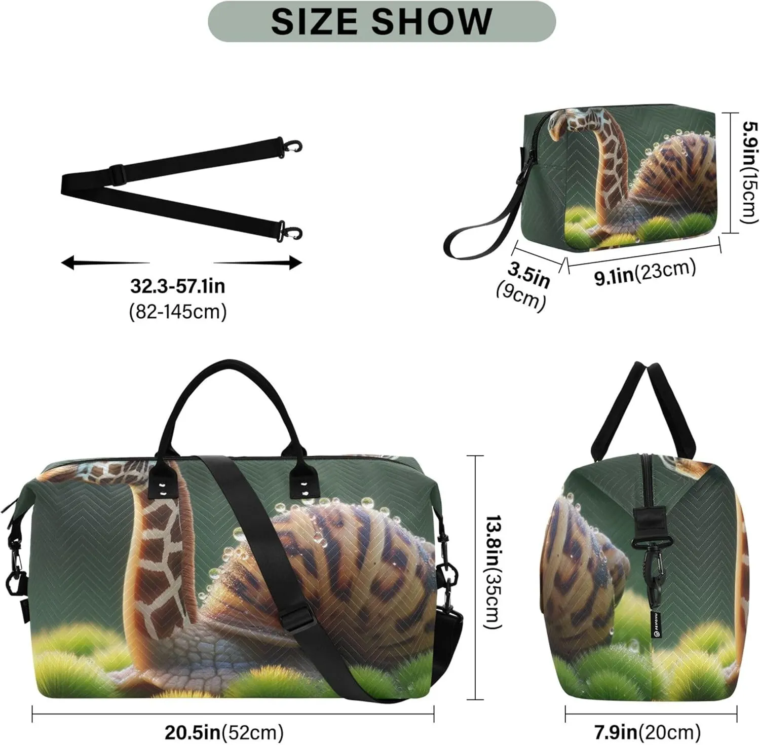 Funny Snail Giraffe Head on Moss Duffle Bag Women Travel Toiletry Bags Set of 2, Floral Animal Garment Duffel Bag Duffel for Traveling
