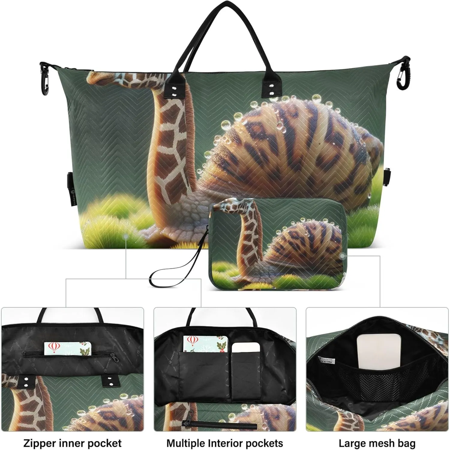 Funny Snail Giraffe Head on Moss Duffle Bag Women Travel Toiletry Bags Set of 2, Floral Animal Garment Duffel Bag Duffel for Traveling