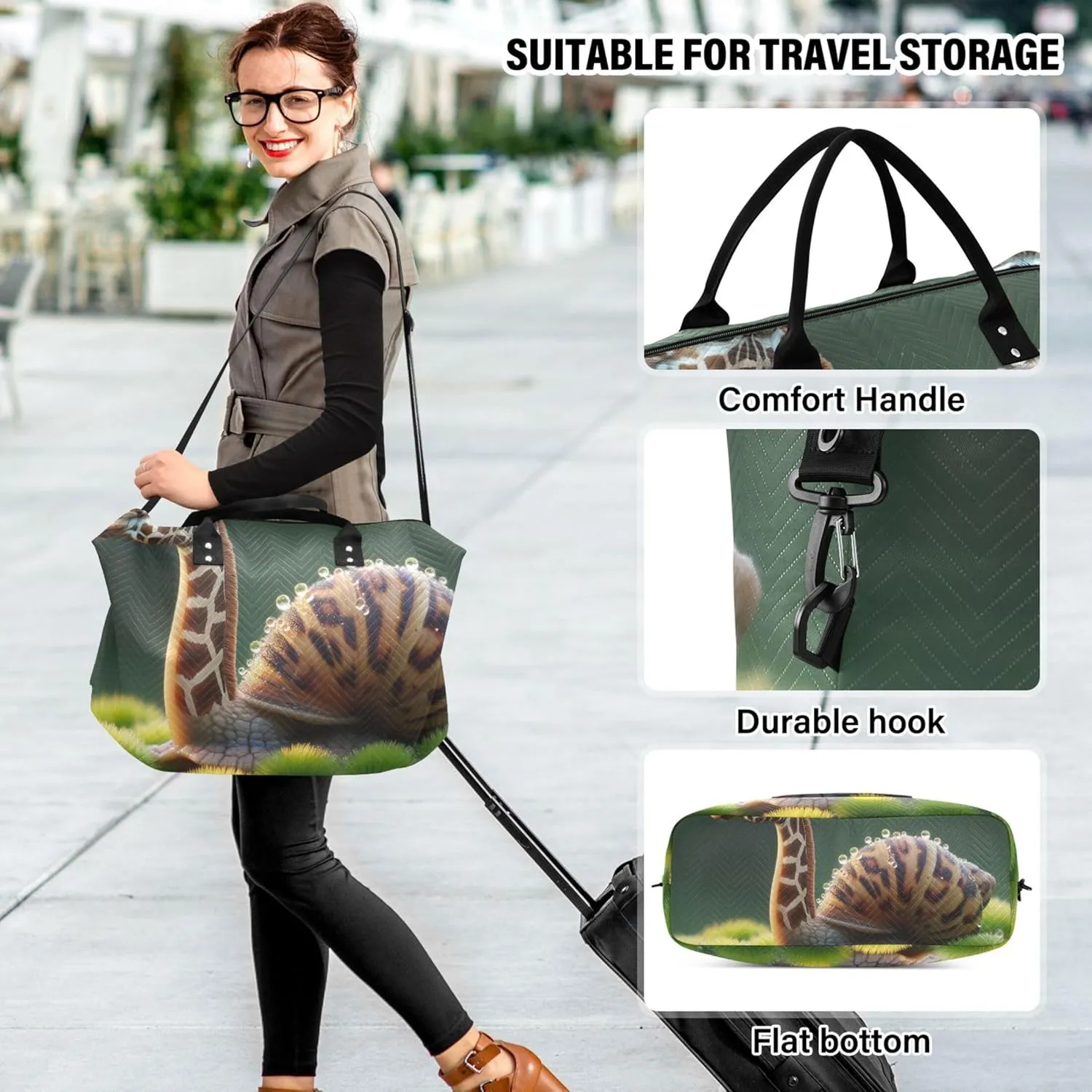 Funny Snail Giraffe Head on Moss Duffle Bag Women Travel Toiletry Bags Set of 2, Floral Animal Garment Duffel Bag Duffel for Traveling