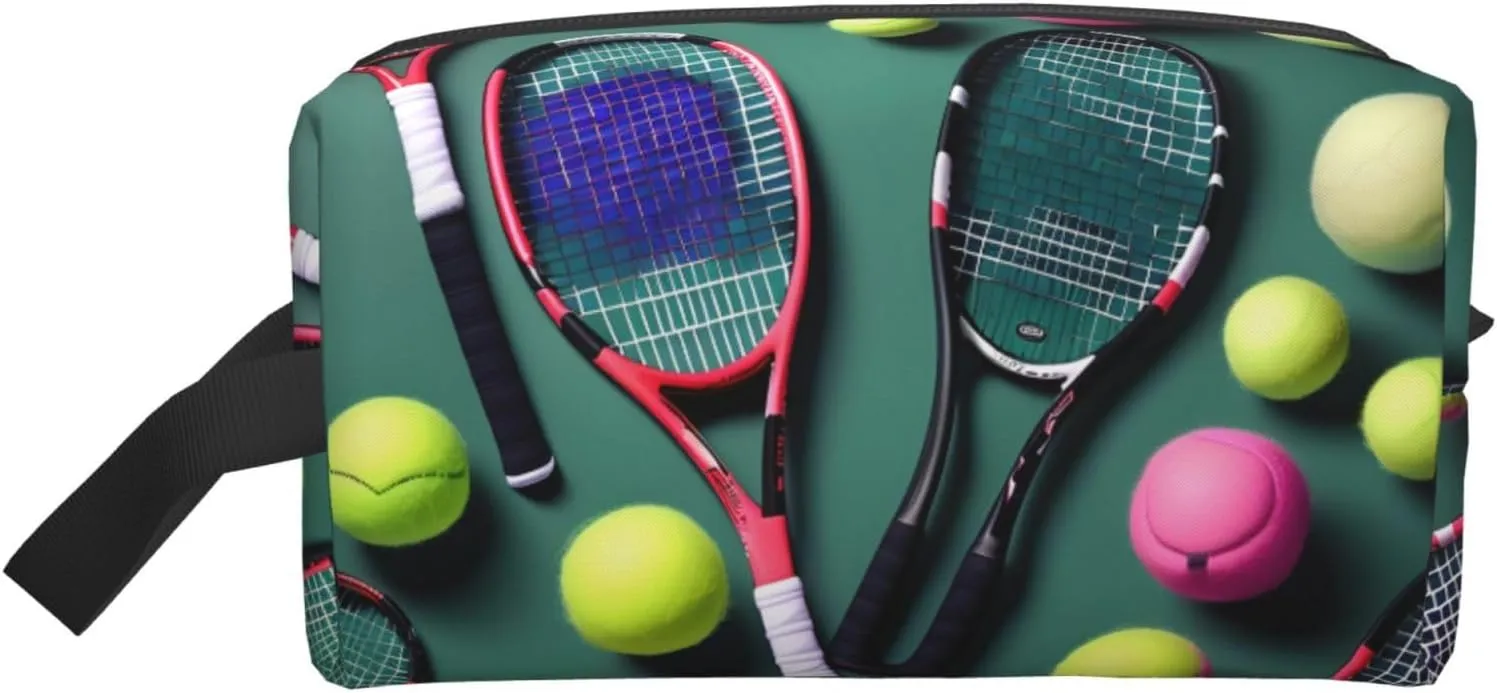 Funny Tennis Racquets and Tennis Balls Print Storage Bags Travel Cosmetic Organizer Bag Large Capacity Zippered Storage Pouch