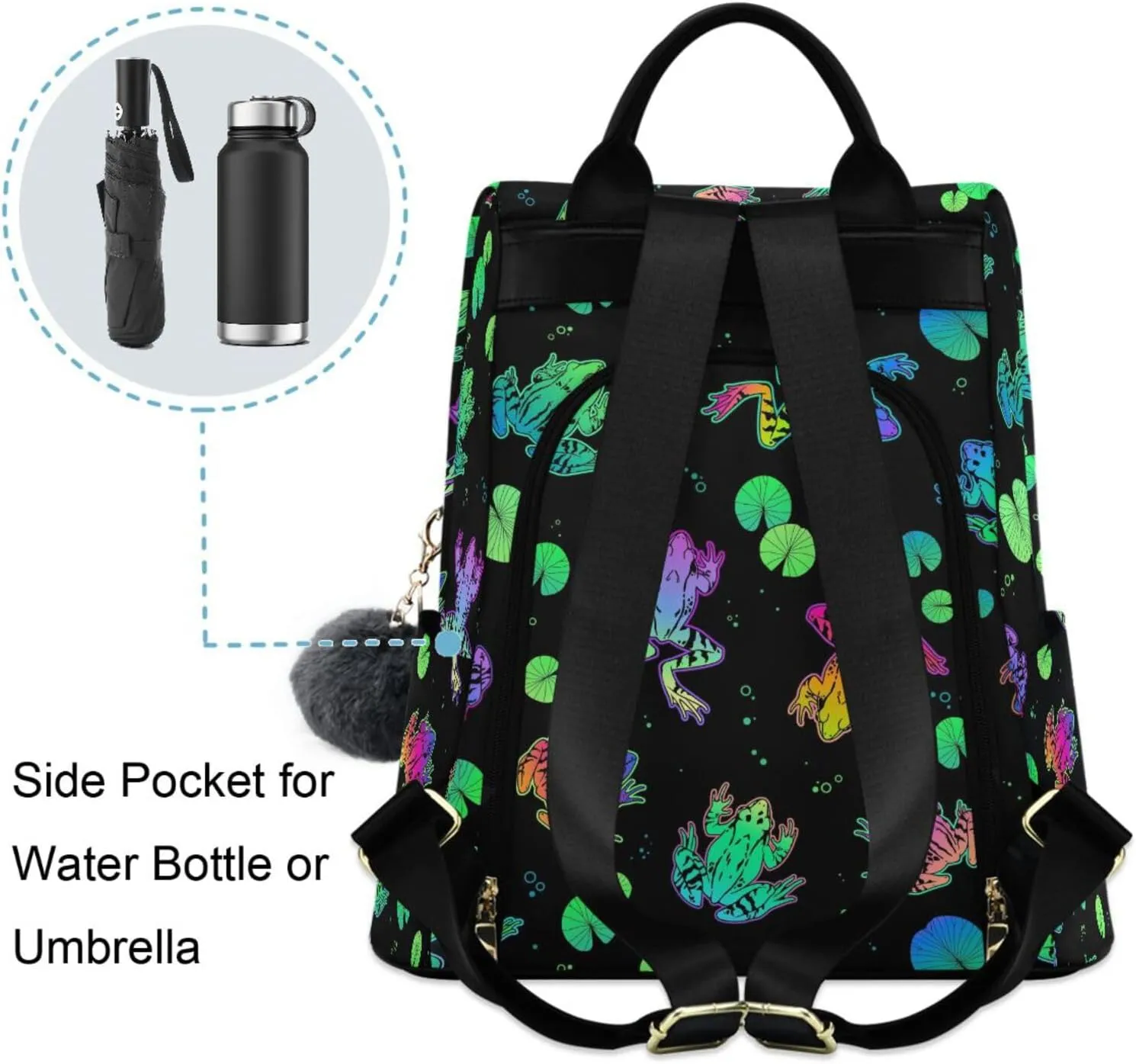 Fustylead Neon Color Frogs and Water Lily Leaves Women Backpack Purse Anti-theft Lightweight Shoulder Bag