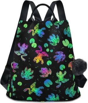 Fustylead Neon Color Frogs and Water Lily Leaves Women Backpack Purse Anti-theft Lightweight Shoulder Bag
